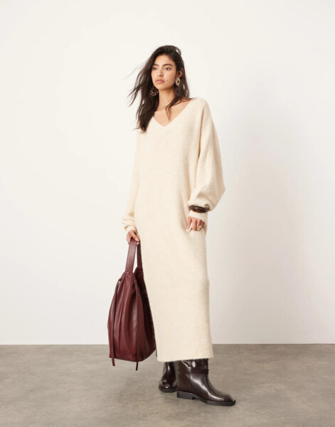 ASOS EDITION knitted v neck maxi dress in oatmeal