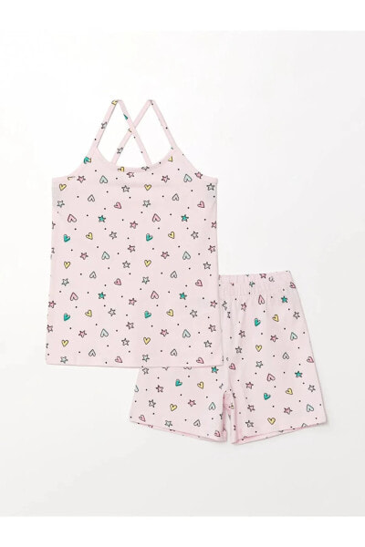 Детский костюм LC WAIKIKI LCW Kids Bisiklet Yaka Baskılı Kız Çocuk Şortlu Pijama Takımı