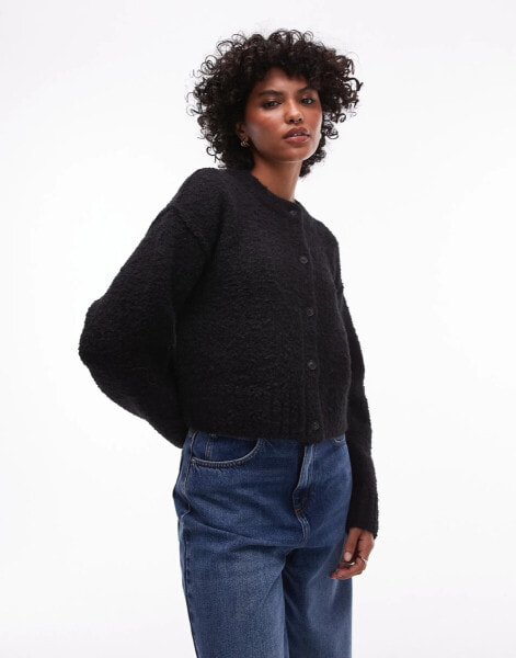 Topshop knitted crew boucle cardigan in black