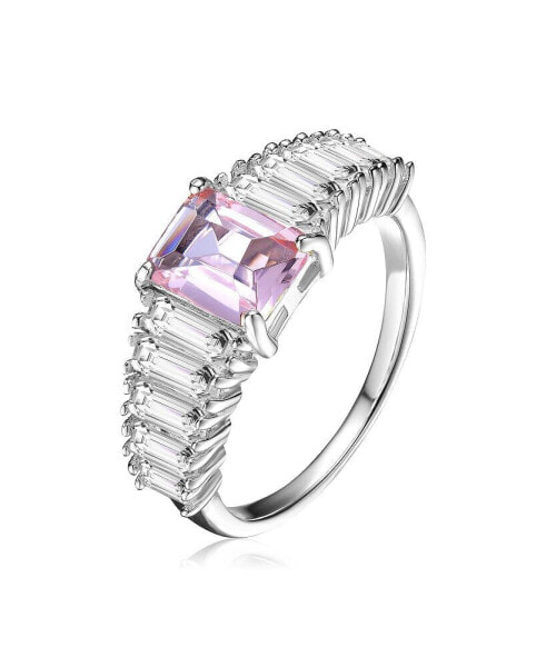 Sterling Silver with Rhodium Plated Morganite Asscher Cubic Zirconia with Emerald Cubic Zirconias Cluster Ring