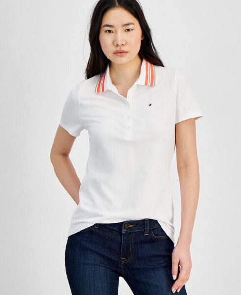 Women's Stripe-Collar Shirt-Sleeve Polo Shirt