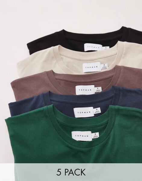 Topman – 5er-Pack klassische T-Shirts in Schwarz, Stein, Braun, Marineblau und Sport-Grün