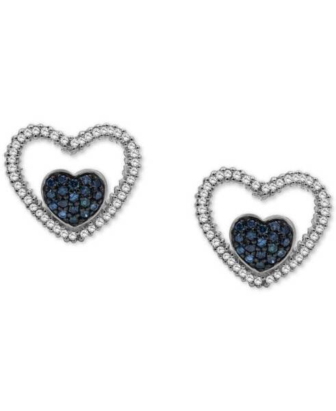 Blue Diamond (1/3 ct. t.w.) & White Diamond (1/6 ct. t.w.) Double Heart Stud Earrings in Sterling Silver