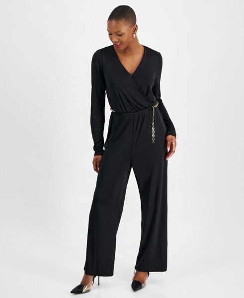 Petite V-Neck Chain-Belt Jumpsuit, Created for Macy's