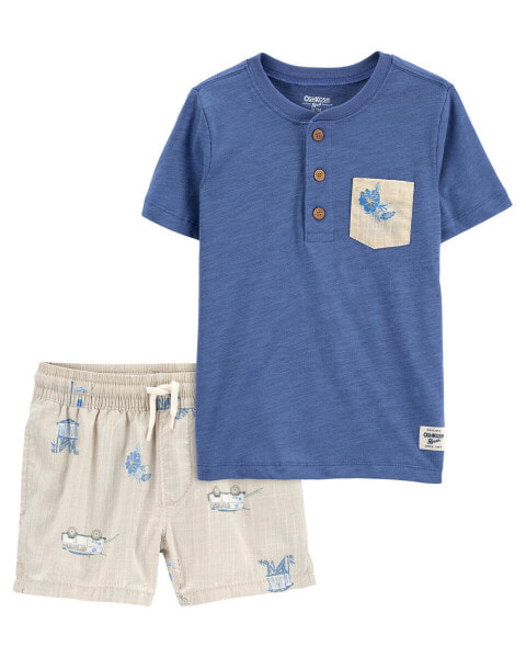 Toddler 2-Piece Henley Pocket Tee & Chambray Drawstring Shorts Set 2T