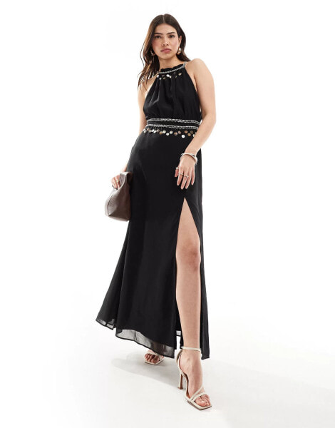 Hope & Ivy halterneck maxi dress with embellishment in black