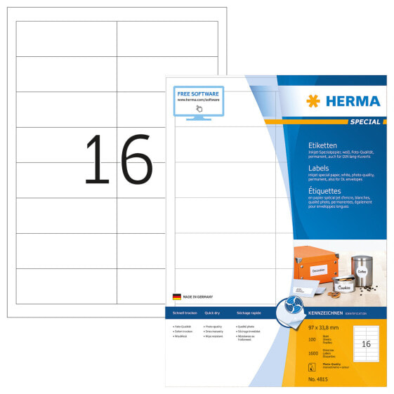 HERMA Inkjet labels A4 97x33,8 mm white paper matt 1600 pcs. - White - Self-adhesive printer label - A4 - Paper - Inkjet - Permanent