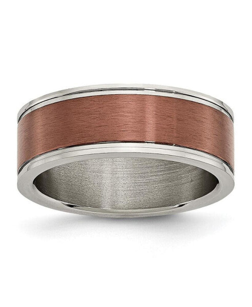 Titanium Brushed Center Brown IP-plated Grooved Edge Band Ring