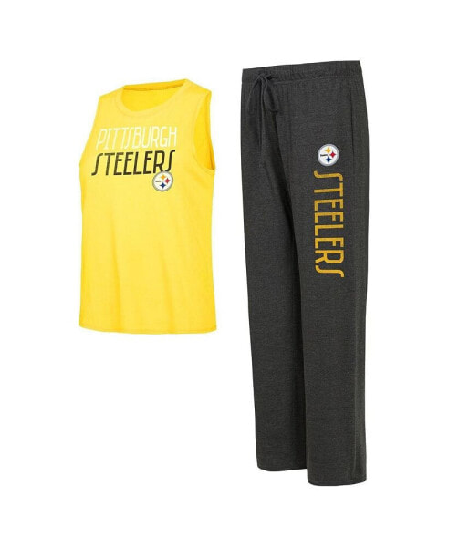 Women's Black, Gold Distressed Pittsburgh Steelers Muscle Tank Top and Pants Lounge Set