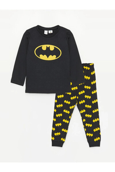 Bisiklet Yaka Uzun Kollu Batman Baskılı Erkek Bebek Pijama Takımı