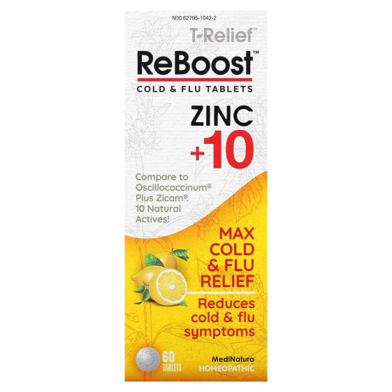 MediNatura, T-Relief, ReBoost, цинк + 10 ингредиентов, таблетки от простуды и гриппа, 60 таблеток