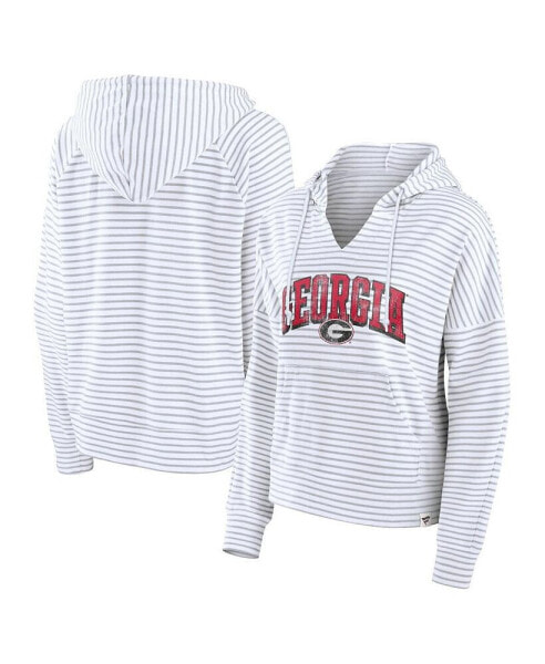 Women's White/Gray Georgia Bulldogs Arch Logo Striped Notch Neck Pullover Hoodie