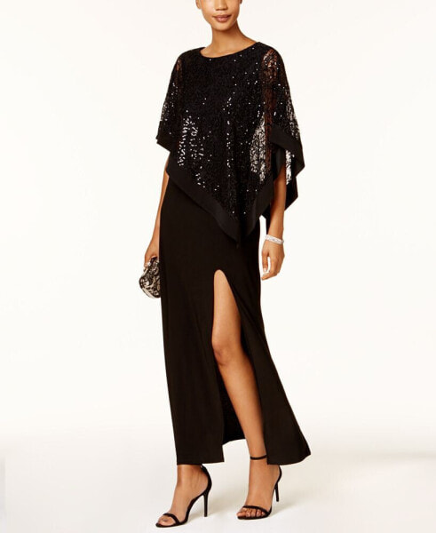 Sequined Lace Cape Gown