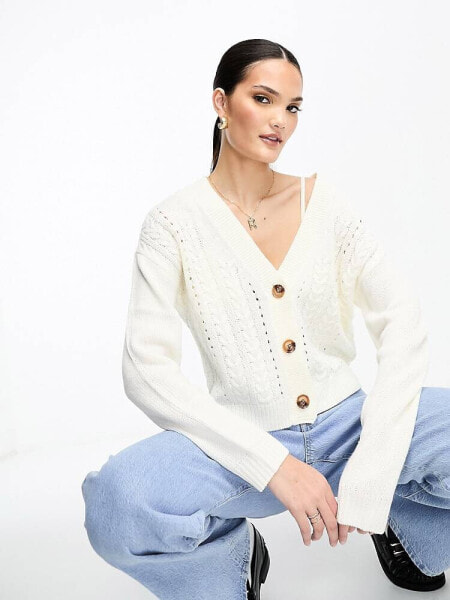 Vila button through cable knit cardigan in cream