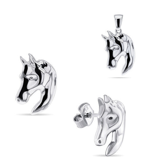 Design silver jewelry set Horse SET209W (pendant, earrings)