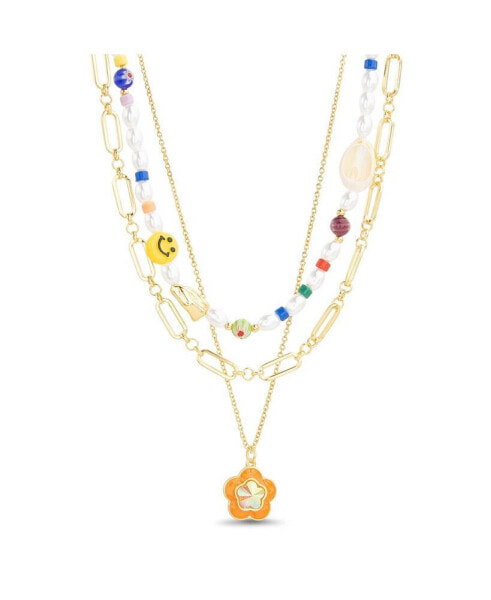 Multi 3 Piece Mixed Beaded and Chain Necklace Set with Flower Charm Pendant