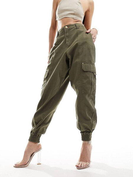 River Island cuffed hem belted cargo trouser in khaki