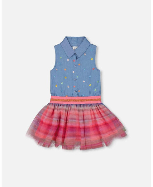 Girl Chambray And Tulle Rainbow Mesh Dress - Child