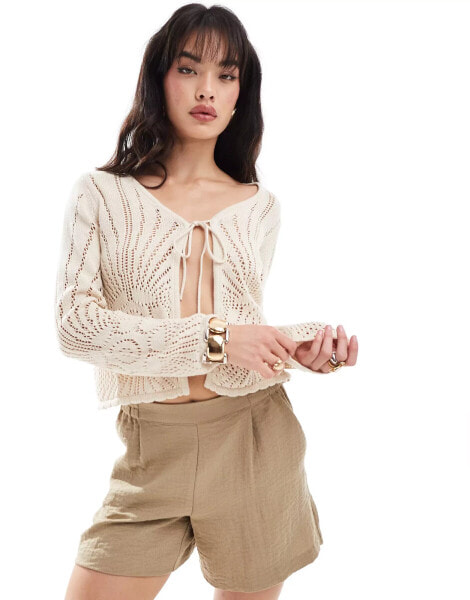 Vero Moda tie front crochet cardigan in cream