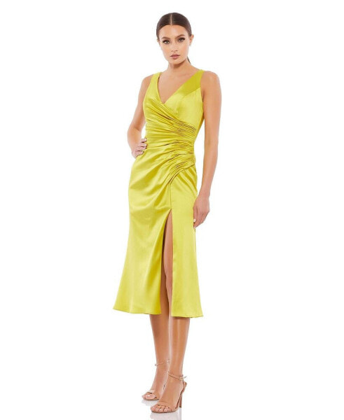 Women's Ieena Satin Ruched V Neck Faux Wrap Midi Dress