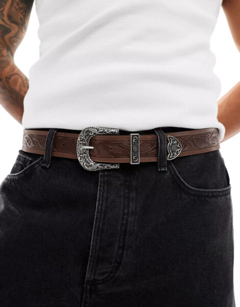 ASOS DESIGN embossed leather belt with western buckle in brown