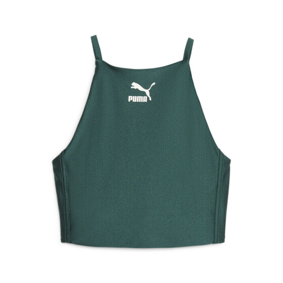 Puma T7 Shiny Crew Neck Crop Top Womens Green Casual Athletic 62146243