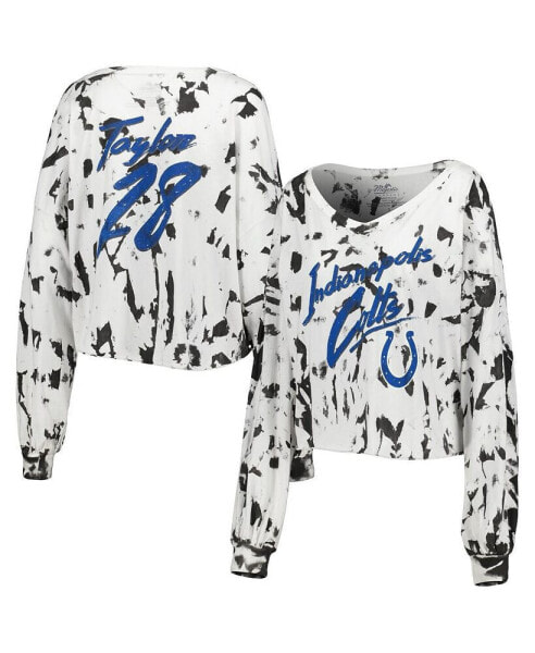 Women's Threads Jonathan Taylor White Distressed Indianapolis Colts Off-Shoulder Tie-Dye Name and Number Cropped Long Sleeve V-Neck T-shirt