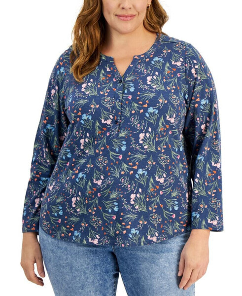 Plus Size Printed Split-Neck Top, Created for Macy's