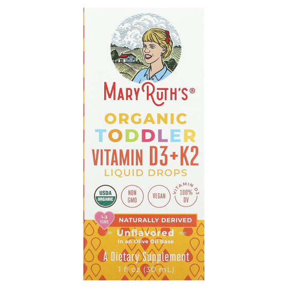 MaryRuth Organics, Органические жидкие капли с витаминами D3 и K2 для малышей, для детей от 1 до 3 лет, без добавок, 30 мл (1 жидк. Унция)