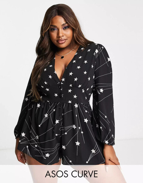 ASOS DESIGN Curve bubble crepe plunge neck playsuit with puff sleeve in mixed star print