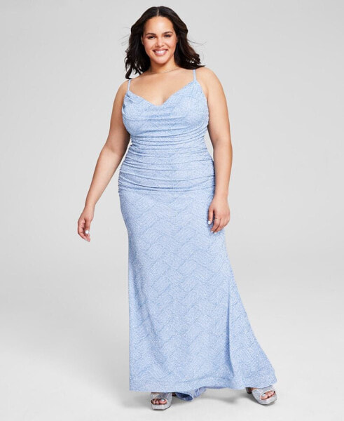 Trendy Plus Size Glitter-Knit Ruched Gown