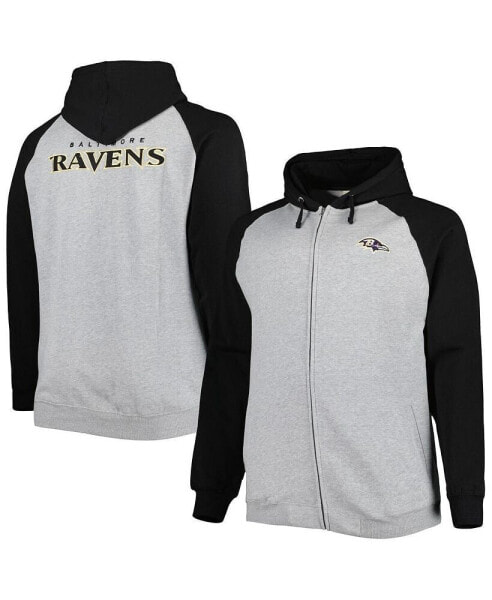 Men's Heather Gray Baltimore Ravens Big and Tall Fleece Raglan Full-Zip Hoodie Jacket