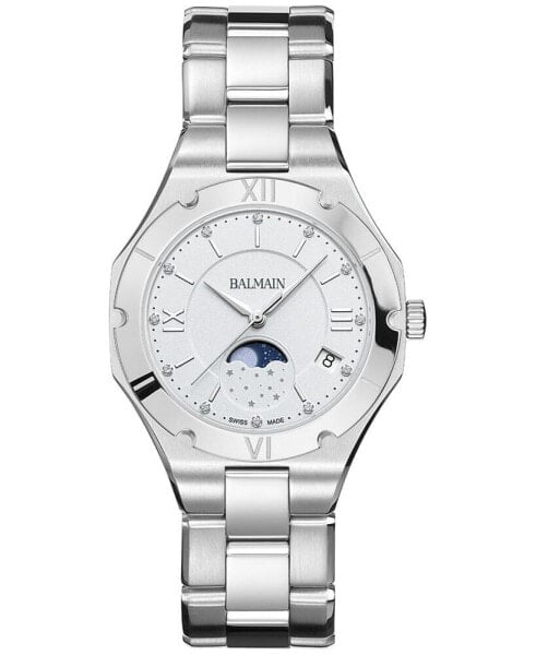 Women's Swiss Be Balmain Moonphase Diamond (1/20 ct. t.w.) Stainless Steel Bracelet Watch 33mm