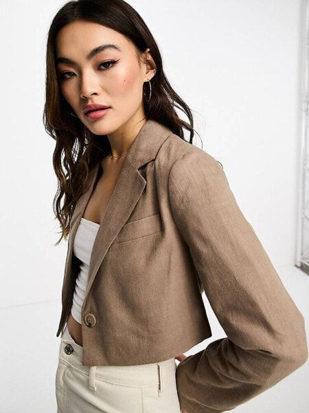 Stradivarius cropped linen blazer in taupe