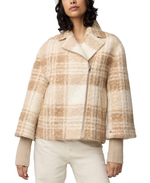 Women's Asymmetric Knit-Sleeve Plaid Coat