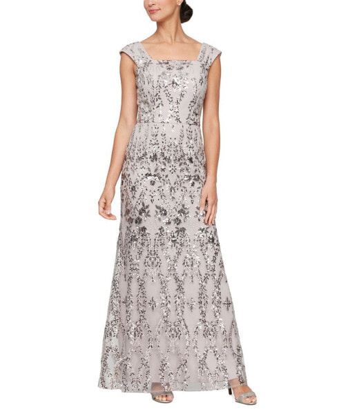 Women's Sequined Embroidered Square-Neck Gown