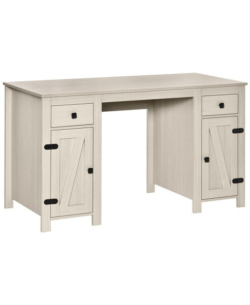 Farm Style Home Office Computer Desk with 2 Drawers and 2 Cabinets, White
