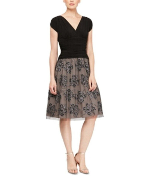 SLNY Women's Embellished Sheer Zippered Floral Fit Flare Dress Black 14