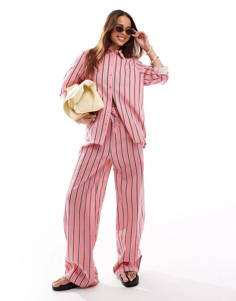 Wednesday's Girl striped tie waist wide leg linen trousers in pink