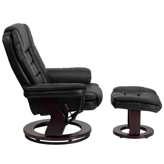 Contemporary Black Leather Recliner And Ottoman With Swiveling Mahogany Wood Base