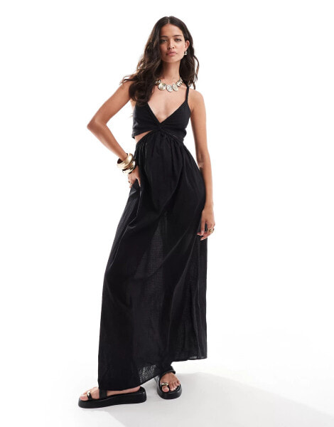 Pretty Lavish linen blend cut-out maxi dress in black