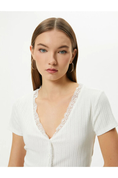 Футболка Koton Crop Lace  Button Ribbed Short Sleeve