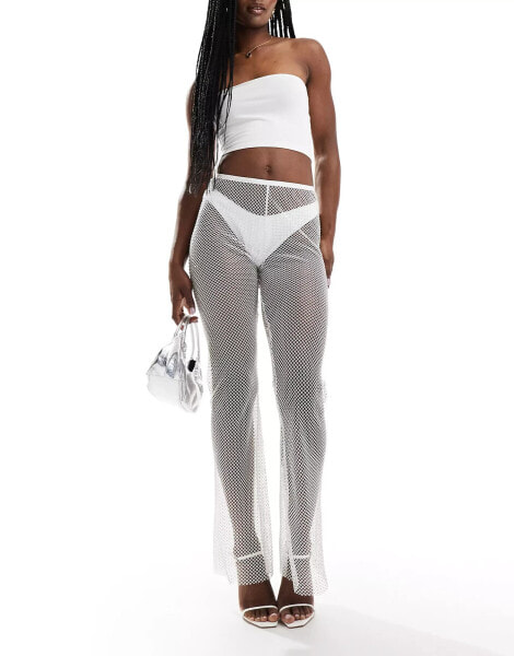 ASOS DESIGN fishnet hotfix flare trouser in white