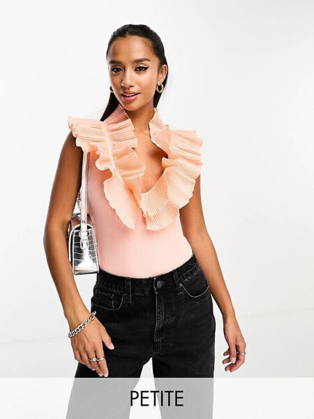 River Island Petite frill neck top in peach