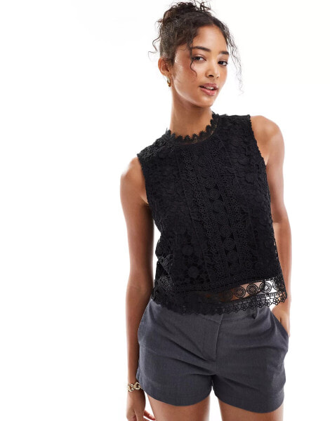 Morgan lace high neck top in black