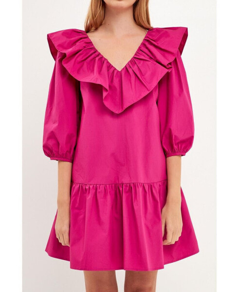 Women's Long Sleeve V Ruffled Mini Dress