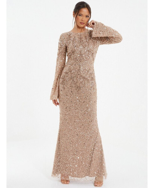 Women's Embellished Flutter Sleeve Evening Dress