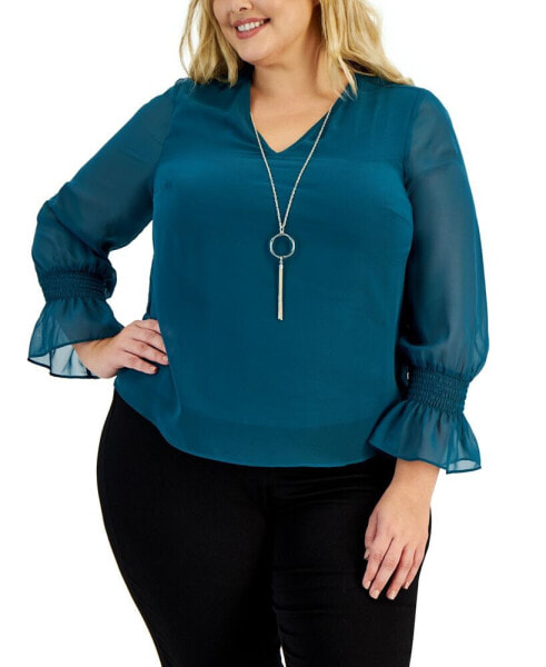 Plus Size Smocked-Sleeve Necklace Top, Created for Macy's