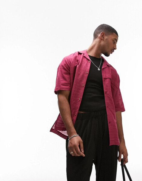 Topman short sleeve relaxed revere textured shirt in burgundy