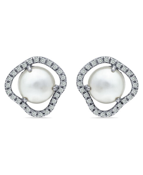 Imitation Pearl Cubic Zirconia Halo Button Earring in Silver Plate